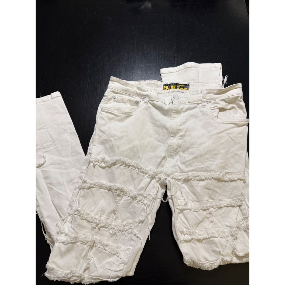 Spark Mens Flare Fit Distressed Frayed White Denim Jeans 40x36 Streetwear